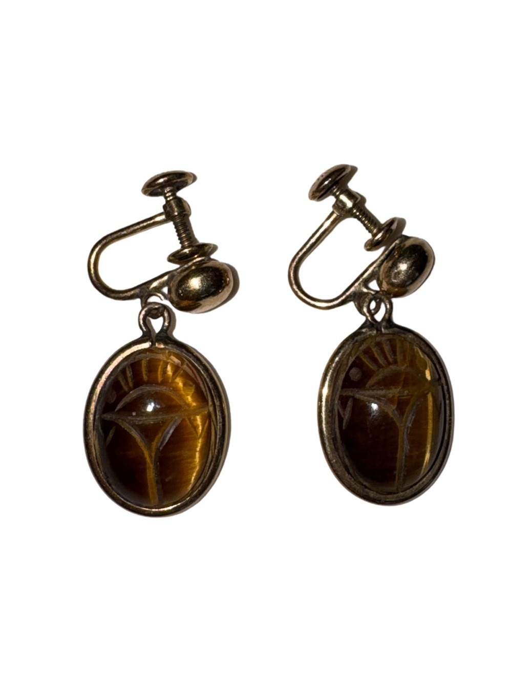 Vintage A&Z 12KT Gold Filled Tiger's Eye Scarab Dangle Earrings Screw Back